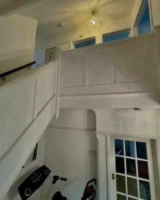 From white handrail and panels to oak handrail and spindles . Great transformation #fpjcarpentry #staircase #havant